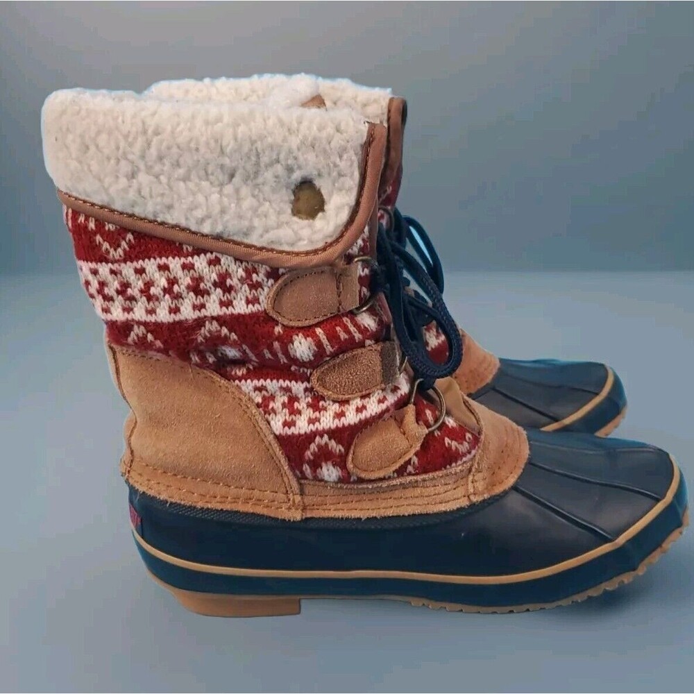 Khombu Sz 7 Duck Winter Boot Knit & Leather Steel Shank  Lace Up Maya